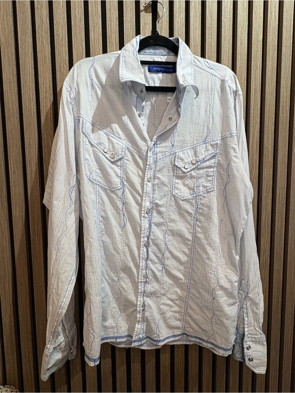 White Button Front Shirt with Light Blue Contrast Stitching